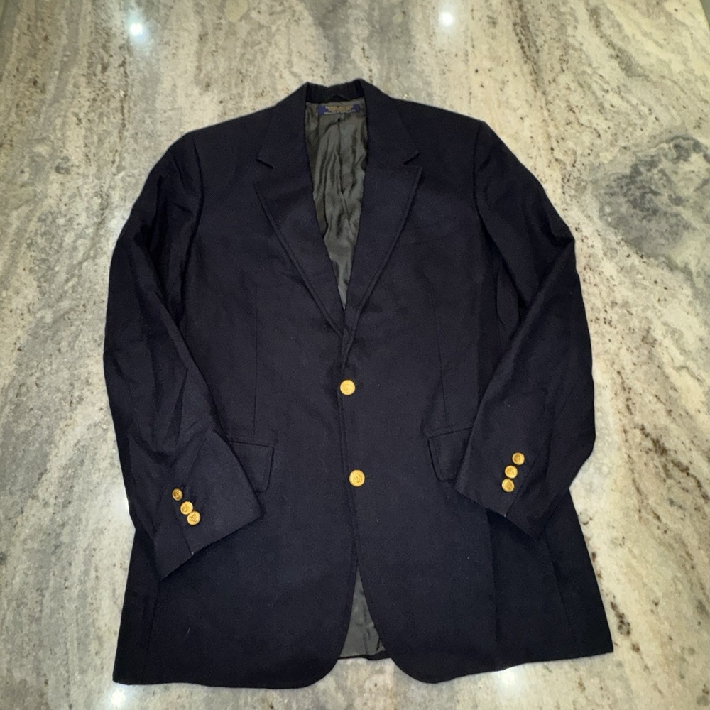 Brooks Brothers 100% Wool Suit Jacket Blazer Navy Blue 44 R Gold Button READ*